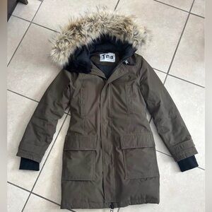 TNA Bancroft Parka Olive Green Removable Faux Fur Trim